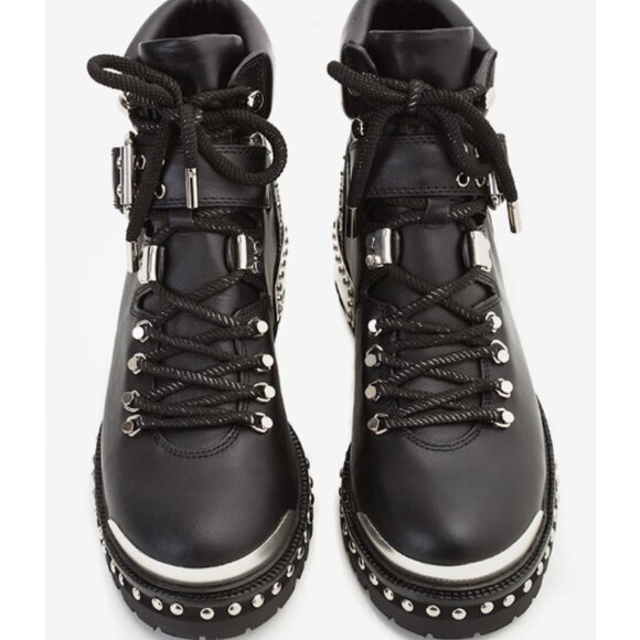 NEW LOLA CRUZ Leather Lace Up studded moto Booties in black for women 72 10j5 - Picture 3 of 8
